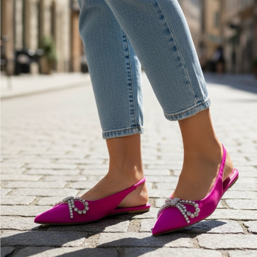 Zara Pink Satin Slingback Flats Crystal Bow Pointed Toe Size 9 NWOT - Picture 13 of 13